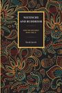 "NIETZSCHE AND BUDDHISM: HOW ONE BECOMES WHAT ONE IS, Sarah Jacob." 
Buntes, florales Muster auf schwarzem Hintergrund.