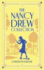 Text: "The Nancy Drew Collection" und "Carolyn Keene". Illustration einer Detektivin mit Lupe, umgeben von Gebäuden und Bäumen.