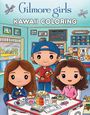„Gilmore Girls Kawaii Coloring“ steht über süßen Figuren in einem Diner mit Essen auf dem Tisch.