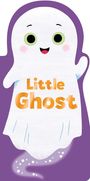 "Little Ghost" steht auf einem fröhlichen, kindlichen Geister-Illustration mit großen Augen auf lila Hintergrund.