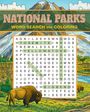 „NATIONAL PARKS: WORD SEARCH AND COLORING“. Gitterrätsel mit Wörtern: YOSEMITE, YELLOWSTONE, GRANDCANYON, BIGBEND. Illustration von Natur, Bison.
