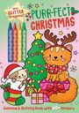 "With GLITTER Crayons!" "Purr-fect Christmas" zeigt bunte Katzen vor einem geschmückten Weihnachtsbaum mit Geschenken.