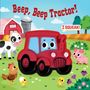 Text: "Beep, Beep Tractor!" und "I SQUEAK!" Illustration eines lächelnden roten Traktors mit Tieren auf einem Bauernhof.