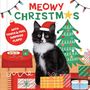 "MEOWY CHRISTMAS" steht groß oben, mit einem Weihnachtsbaum, Geschenken und einer Katze mit Weihnachtsmütze.