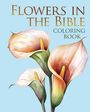 "FLOWERS IN THE BIBLE COLORING BOOK" steht über gezeichneten Calla-Lilien auf blauem Hintergrund.