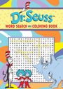 "Dr. Seuss Word Search and Coloring Book." Illustration mit Figuren und einem Buchstabenrätsel, bunte Hintergrundmuster.