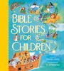 "Bible Stories for Children" auf blauem Hintergrund mit Illustrationen biblischer Szenen, wie Arche und Jesus.