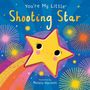 „You’re My Little Shooting Star.“ Illustration von einem fröhlichen gelben Stern mit Gesicht vor buntem Feuerwerk.