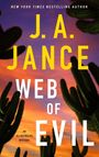 "J.A. Jance, Web of Evil." Sonnenuntergang mit Kakteen im Vordergrund; bunte Himmelstöne.