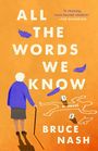 "All the Words We Know" von Bruce Nash. Silhouette einer Person mit Stock, Polizeiumriss, blaue Federn auf orangefarbenem Grund.