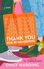 Orange Tasche mit "THANK YOU" wiederholt, Schuhe unten; Autorenname: Emily Harding.