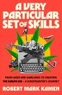 Titel: A VERY PARTICULAR SET OF SKILLS. Unten: Robert Mark Kamen. Collage aus Schreibmaschine, Waffe, und Karatefigur.