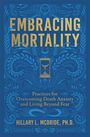 "EMBRACING MORTALITY" in großen goldenen Buchstaben. Eine Sanduhr und Verzierungen in Blau.