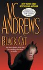 „VC Andrews: Black Cat“; gelbe, rote Schrift, vier Sätze. Schwarze Katze mit Gesicht im Fell; dramatische Atmosphäre.