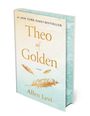Text: "#1 New York Times Bestseller", "Theo of Golden", "a novel", "Allen Levi". Cover mit goldenen Federn auf blauem Hintergrund.