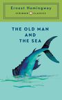 Oben steht "Ernest Hemingway". Darunter "The Old Man and the Sea". Illustration: Fischflosse im Wasser.