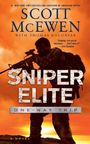 „Sniper Elite: One-Way Trip“ von Scott McEwen. Silhouette eines Soldaten mit Gewehr vor orangefarbenem Himmel.
