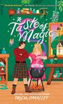 "A Taste of Magic" in verspielter Schrift. Illustration: Ein Mann und eine Frau brauen in einem Kessel. Magisches Ambiente.