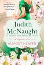 Text: "Judith McNaught, ALMOST HEAVEN." Frau im grünen Kleid mit Fächer, umgeben von Blumen. Elegant und romantisch.