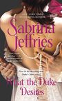 Texte: "Sabrina Jeffries", "What the Duke Desires". Frau in weißem Kleid, Perlenkette um den Hals.