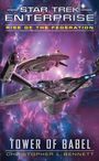 "STAR TREK ENTERPRISE: RISE OF THE FEDERATION - TOWER OF BABEL" von Christopher L. Bennett. Zwei Raumschiffe im lila Universum.