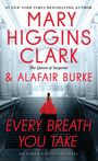MARY HIGGINS CLARK & ALAFAIR BURKE: EVERY BREATH YOU TAKE. Eine Frau im roten Kleid auf einer breiten Treppe.