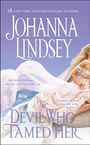 Text: "JOHANNA LINDSEY", "The Devil Who Tamed Her". Eine Frau in einem fließenden Kleid auf einem Pferd, pastellfarbener Hintergrund.