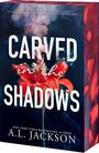 „CARVED in the SHADOWS“. A.L. JACKSON. Rote Blume mit Rauch vor dunklem Hintergrund.