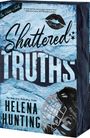 "Shattered Truths" von Helena Hunting, Zitat von Catherine Cowles, Lippenabdruck, Eishockeyhelm, Hintergrund in eisblauen Tönen.