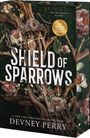 "SHIELD OF SPARROWS", Devney Perry. Blumen und Zweige schmücken ein kunstvolles Cover, goldene Akzente im Hintergrund.