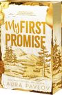 „My First Promise“ von Laura Pavlov. Illustration zeigt Berge und Bäume in Braun- und Gelbtönen.