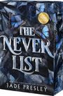 Text: "THE NEVER LIST", "NEW BONUS CONTENT INCLUDED!", "JADE PRESLEY". Schmetterlinge über blauen Blättern.