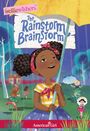 "The Rainstorm Brainstorm". Ein Mädchen hält einen Regenschirm, umgeben von fröhlichen Kindern im Regen. Bunte Kleidung.
