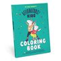 "AFFIRMATORS! KIDS COLORING BOOK" zeigt ein tanzendes Einhorn und einen Hasen auf Rollschuhen, umgeben von Sternen.