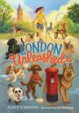 „London Unleashed“ in blauen und roten Buchstaben. Ein fröhliches Mädchen spaziert mit vielen Hunden in einem Park.