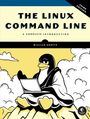 Texts: "THE LINUX COMMAND LINE", "A COMPLETE INTRODUCTION", "WILLIAM SHOTTS". Illustration of Tux the penguin with a laptop on a mountain.