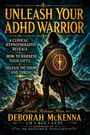 "UNLEASH YOUR ADHD WARRIOR" in goldener Schrift. Illustration: Krieger mit Schild und Tiger vor einem stürmischen Himmel.
