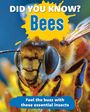 Text: „DID YOU KNOW? Bees. Feel the buzz with these essential insects.“ Nahaufnahme einer Biene auf einer Blume.