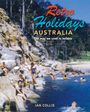 Text: "Retro Holidays Australia. The way we used to holiday. Ian Collis." Menschen an felsiger Küste und im Wasser, Bäume im Hintergrund.