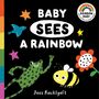 „BABY SEES A RAINBOW“ und „Jess Racklyeft“. Illustration mit Frosch, Biene, Blume, Vogel und bunten Sternen.