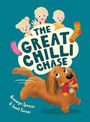 "The Great Chilli Chase" in großen Buchstaben vor staunenden Kindern. Ein fröhlicher Dackel rennt mit Socken im Maul.