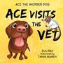 "Ace Visits the Vet" und "Ace the Wonder Dog". Illustration eines fröhlichen Hundes und eines Tierarztes mit Knochen.