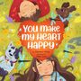 „YOU MAKE MY HEART HAPPY“ in einem herzförmigen Rahmen. Kinder, ein Hund und Blumen in einer fröhlichen Illustration.
