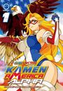 "KAMEN AMERICA ALPHA", rote und blaue Schrift. Eine blonde Heldin in Kostüm mit Weißkopfseeadler, heldenhafte Pose.