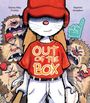 „OUT OF THE BOX“ steht auf dem roten Shirt eines Hasen in Baseballkleidung, umgeben von brüllenden Figuren.