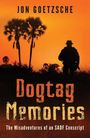 "Dogtag Memories", Titel eines Buchcovers. Silhouette eines Soldaten vor einem orangefarbenen Himmel mit Palmen.