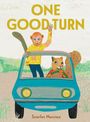 Text: "ONE GOOD TURN", "Scarlet Narciso". Illustration: Affe und Eichhörnchen in blauem Auto, Affe winkt.