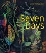Text: "Seven Days, Linda Wolfsgruber." Illustration von bunten Blättern und Zweigen vor dunklem Hintergrund.