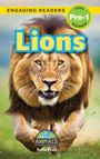 Buchtitel: "Lions". Zusatztexte: "Engaging Readers", "Pre-1 Beginner", "Animals That Make a Difference!", "Ashley Lee". Ein Löwe rennt.