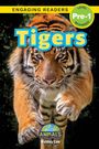"ENGAGING READERS Pre-1 Tigers. Nahaufnahme eines springenden Tigers mit intensiven Augen, darunter ein Logo mit Erdkugel."